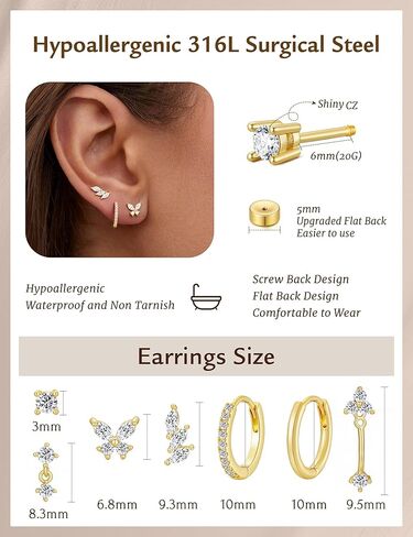 M MOOHAM Flat Back Earrings Stack for Women, Hypoallergenic 14K Gold-Plated Surgical Steel Earrings for Sensitive Ears Small CZ Stud Hoop Cartilage Earring Set Trendy Multiple Piercing Jewelry Gifts in Saudi Arabia