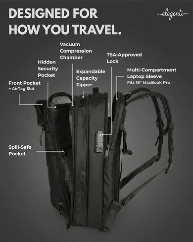Expandable Vacuum Travel Backpack with Compression System & Pump | 60L Carry On Backpack with TSA Lock, Laptop Sleeve & Water Resistant Shell | Black in Saudi Arabia