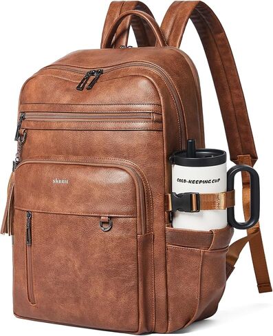 Shrrie Vegan Leather Laptop Backpack for Women,17 Inch Computer Backpack Purse for Work Business College Travel Teacher Nurse with Anti-theft Pocket & Giant Tumbler Holder Pocket,Caramel Brown in Saudi Arabia