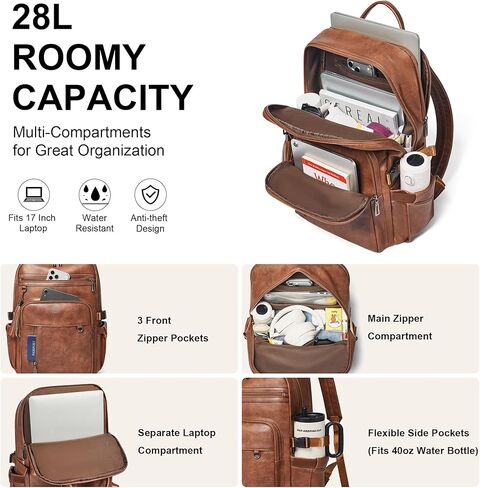 Shrrie Vegan Leather Laptop Backpack for Women,17 Inch Computer Backpack Purse for Work Business College Travel Teacher Nurse with Anti-theft Pocket & Giant Tumbler Holder Pocket,Caramel Brown in Saudi Arabia