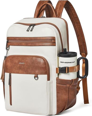 Shrrie Vegan Leather Laptop Backpack for Women,17 Inch Computer Backpack Purse for Work Business College Travel Teacher Nurse with Anti-theft Pocket & Giant Tumbler Holder Pocket,Caramel Brown in Saudi Arabia