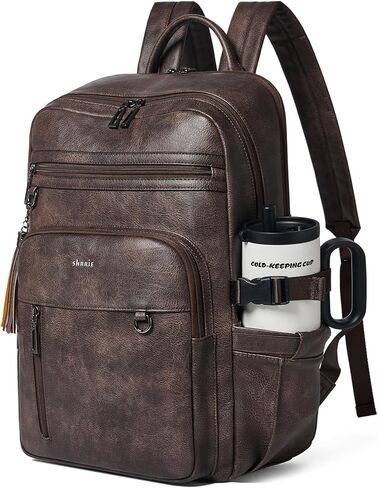 Shrrie Vegan Leather Laptop Backpack for Women,17 Inch Computer Backpack Purse for Work Business College Travel Teacher Nurse with Anti-theft Pocket & Giant Tumbler Holder Pocket,Caramel Brown in Saudi Arabia