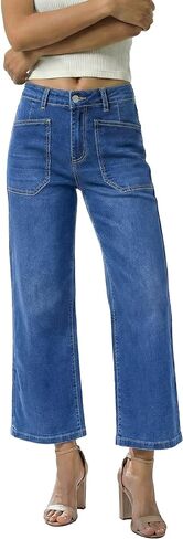 GRAPENT Wide Leg Jeans Woman Trendy Cropped High Waisted Patch Pocket Stretch Denim Pants Baggy Loose Straight Leg Jeans in Saudi Arabia
