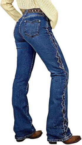 Flamingals Boot Cut Jeans for Women Mid Rise High Stretch Trim Side Patched Pocket Tummy Control Flare Jeans Denim Pants in Saudi Arabia