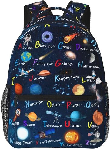 English Alphabet Space School Backpack Lightweight Waterproof 16 Inch Strap Adjustable ABC Planet Star Spaceship Astronaut Rocket Backpack for Boys Girls Kids in Saudi Arabia