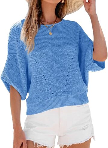 Saodimallsu Womens Short Batwing Sleeve Sweater Tops Crochet Knit Crew Neck Loose Casual Summer Pullover T-Shirts in Saudi Arabia