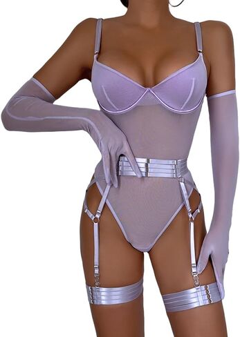 طقم ملابس داخلية شبكية مثيرة للسيدات، بدلة داخلية Garter Teddy Neon مع دعامة صدر داخلية، بيبي دول وقفازات واحدة in Saudi Arabia