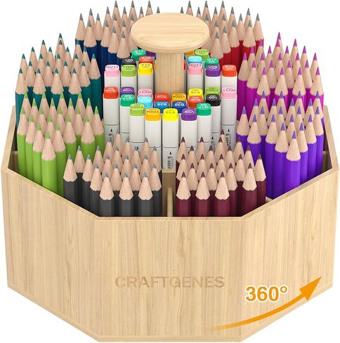 منظم أقلام دوار من الخيزران للمكتب، منظم مكتب دوار 360 درجة مع 10 حجرات، حامل أقلام خشبي، علبة مكتب للوازم المكتبية، منظم أقلام للمكتب والمنزل والمدرسة in Kuwait
