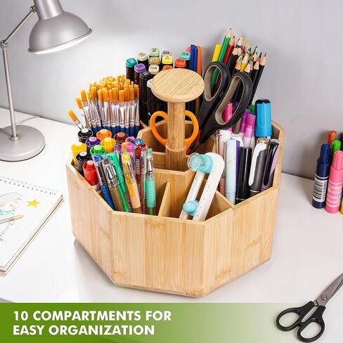 منظم أقلام دوار من الخيزران للمكتب، منظم مكتب دوار 360 درجة مع 10 حجرات، حامل أقلام خشبي، علبة مكتب للوازم المكتبية، منظم أقلام للمكتب والمنزل والمدرسة in Kuwait