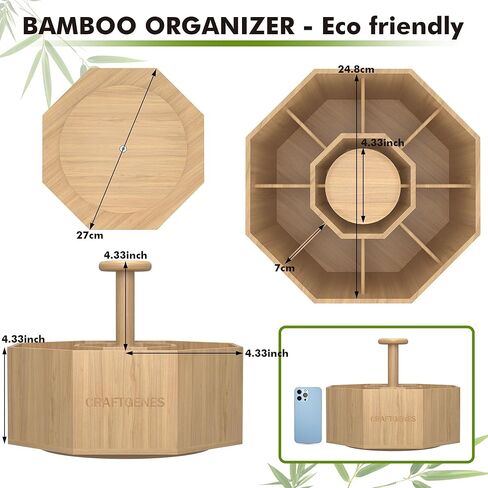 منظم أقلام دوار من الخيزران للمكتب، منظم مكتب دوار 360 درجة مع 10 حجرات، حامل أقلام خشبي، علبة مكتب للوازم المكتبية، منظم أقلام للمكتب والمنزل والمدرسة in Kuwait