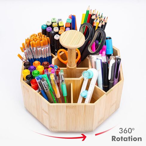 منظم أقلام دوار من الخيزران للمكتب، منظم مكتب دوار 360 درجة مع 10 حجرات، حامل أقلام خشبي، علبة مكتب للوازم المكتبية، منظم أقلام للمكتب والمنزل والمدرسة in Kuwait