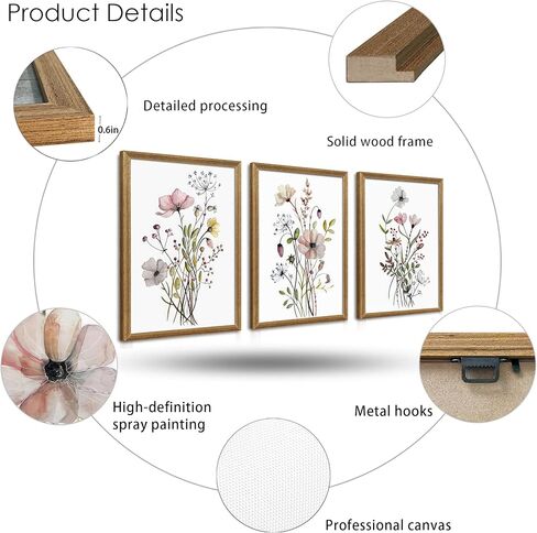 WRFON Framed Botanical Canvas Wall Art Set of 3, Watercolor Floral Prints, Framed Flower Wall Decor for Bedroom Bathroom Living Room, 12x16 Inch Each in Saudi Arabia