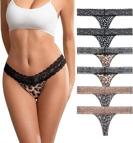 Untamed Allure -6-Pack Women's Thong Underwear: Leopard & Dot Mix, Breathable Seamless Panties, Cheeky Cut Thong in Saudi Arabia