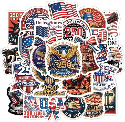 ملصقات الذكرى السنوية الـ 250 لأمريكا (24 قطعة)، ملصقات الذكرى السنوية الـ 250 للولايات المتحدة الأمريكية 1776-2026، شارات الفينيل الوطنية المقاومة للماء للهاتف المحمول وزجاجة المياه في السيارة، ديكورات الاستقلال 250 عامًا in Kuwait