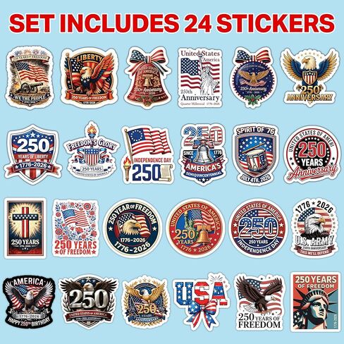 ملصقات الذكرى السنوية الـ 250 لأمريكا (24 قطعة)، ملصقات الذكرى السنوية الـ 250 للولايات المتحدة الأمريكية 1776-2026، شارات الفينيل الوطنية المقاومة للماء للهاتف المحمول وزجاجة المياه في السيارة، ديكورات الاستقلال 250 عامًا in Kuwait