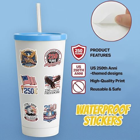 ملصقات الذكرى السنوية الـ 250 لأمريكا (24 قطعة)، ملصقات الذكرى السنوية الـ 250 للولايات المتحدة الأمريكية 1776-2026، شارات الفينيل الوطنية المقاومة للماء للهاتف المحمول وزجاجة المياه في السيارة، ديكورات الاستقلال 250 عامًا in Kuwait