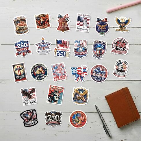 ملصقات الذكرى السنوية الـ 250 لأمريكا (24 قطعة)، ملصقات الذكرى السنوية الـ 250 للولايات المتحدة الأمريكية 1776-2026، شارات الفينيل الوطنية المقاومة للماء للهاتف المحمول وزجاجة المياه في السيارة، ديكورات الاستقلال 250 عامًا in Kuwait
