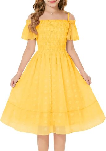 Girls Summer Dresses Kids Off Shoulder Flutter Sleeve Swiss Dot Formal Party Smocked Dress 5-14 Years in Saudi Arabia
