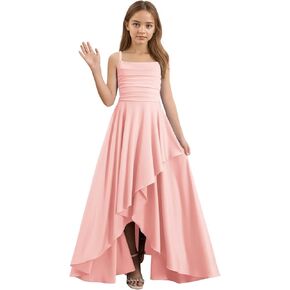Silk Satin Junior Bridesmaid Dress Spaghetti Strap Birthday Party Ball Gown Ruffle Hem High Low Wedding Guests Dress in Kuwait