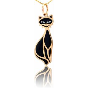 14k Solid Gold Cat Pendant, Hand-Painted Black, Orange Cat Charm, Enamel, Animal Necklace, Authentic 14k, 585 Stamped in Saudi Arabia