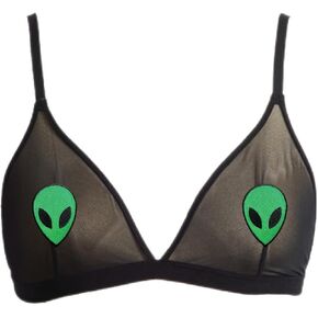 حمالة صدر Alien Pastie Bralette، من خارج هذا العالم، حديد كائن فضائي أخضر اللون على رقعة سوداء شبكية in Kuwait