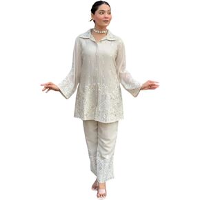 Women's Chikankari Work Silk 2 Piece Set, White Indian Wear Tunic and Pants with Embroidery, cord sets in Saudi Arabia