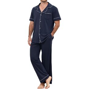 Mens Pajamas Set Cotton Short Shirt & Long Pants Men's Sleepwear Notch Lapel Button-Down Loungewear Set with Pockets in Kuwait