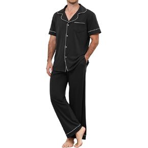 Mens Pajamas Set Cotton Short Shirt & Long Pants Men's Sleepwear Notch Lapel Button-Down Loungewear Set with Pockets in Saudi Arabia