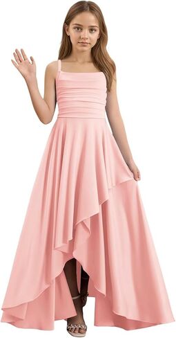 فستان وصيفة العروس من الساتان الحريري بحزام سباغيتي لحفلات أعياد الميلاد وحاشية مكشكشة عالية ومنخفضة لضيوف حفل الزفاف in Kuwait