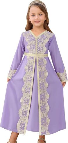 FYMNSI Kids Girls Muslim Abaya Dress Modest Lace Belted Prayer Dress Islamic Maxi Robe Kaftan Ramadan Arabian Dubai Clothes in Saudi Arabia