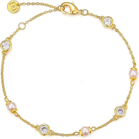MINDDHA 14K الذهب / الذهب الأبيض مطلي مكعب زركونيا مقلد الماس اللؤلؤ محطة إنفينيتي سلسلة أساور للنساء | سوار سلسلة قابل للتعديل | 6-8 بوصة in Kuwait
