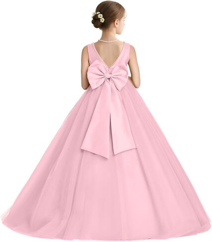 Satin Tulle Flower Girl Dress with Bow Pearls Girls Formal Dresses Sleeveless Party Pageant Ball Gowns in Saudi Arabia