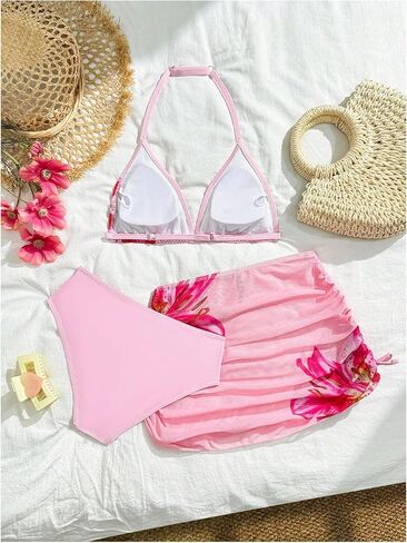 Milumia Girl's 3 Piece Floral Print Swimsuits Halter Triangle Bikini Set with Cover Up Skirts in Saudi Arabia