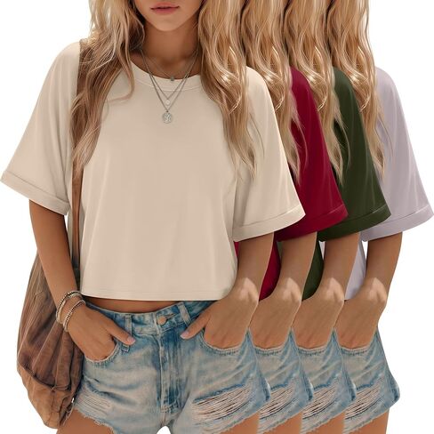 4 Pack Women's Crop Tops Oversized T Shirt Half Sleeve Summer Tees Casual Loose Fit Crew Neck Basic Shirts in Saudi Arabia