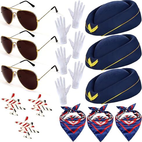 Flight Attendant Costume Accessories Women Stewardess Pilot Hat Scarf Dress Sunglasses Gloves for Women in Saudi Arabia