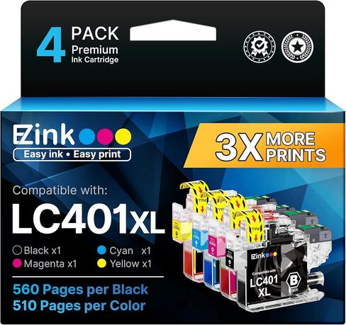 E-Z Ink LC401XL Ink Cartridges for Brother Printer Compatible Replacement for Brother LC401 Ink Cartridges LC401 XL LC401XL LC 401 to use with MFC-J1010DW MFC-J1170DW MFC-J1012DW DCP-J1800DW (4 Pack) in Kuwait