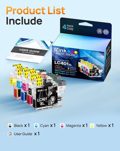 E-Z Ink LC401XL Ink Cartridges for Brother Printer Compatible Replacement for Brother LC401 Ink Cartridges LC401 XL LC401XL LC 401 to use with MFC-J1010DW MFC-J1170DW MFC-J1012DW DCP-J1800DW (4 Pack) in Kuwait