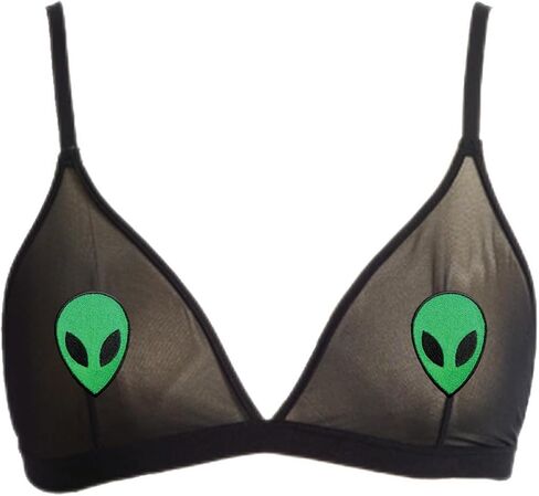 حمالة صدر Alien Pastie Bralette، من خارج هذا العالم، حديد كائن فضائي أخضر اللون على رقعة سوداء شبكية in Kuwait