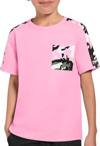 Haloumoning Boys Short Sleeve Shirts Kids Summer Colorblock Crewneck T-Shirts Casual Tops Tees with Pocket 5-14 Years in Saudi Arabia