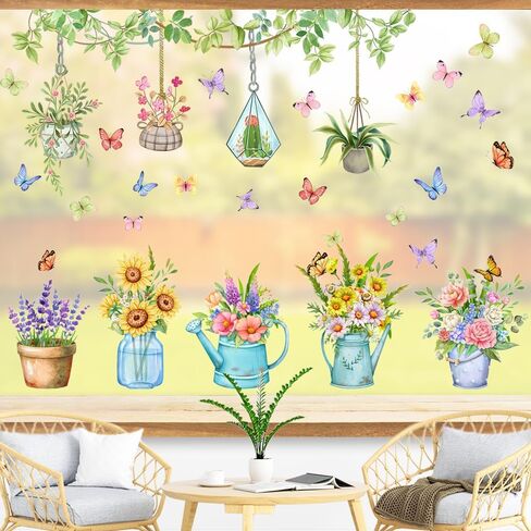 Potted Plants Window Clings, Easter Flowers Plants Spring Easter Window Decals Butterflies Anti-Collision Glass Doors Stickers in Saudi Arabia