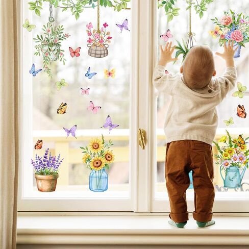 Potted Plants Window Clings, Easter Flowers Plants Spring Easter Window Decals Butterflies Anti-Collision Glass Doors Stickers in Saudi Arabia