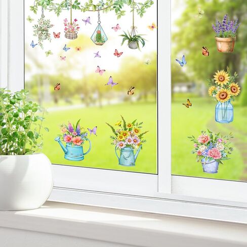 Potted Plants Window Clings, Easter Flowers Plants Spring Easter Window Decals Butterflies Anti-Collision Glass Doors Stickers in Saudi Arabia