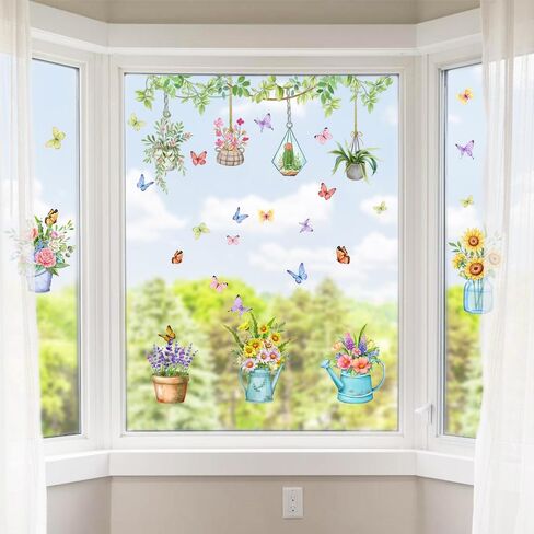 Potted Plants Window Clings, Easter Flowers Plants Spring Easter Window Decals Butterflies Anti-Collision Glass Doors Stickers in Saudi Arabia