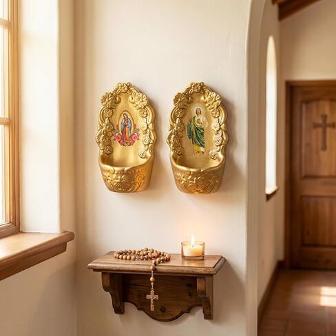 2 Pcs Catholic Decor Gold Porcelain Holy Water Font for Entrance of Home Our Lady of Guadalupe & St. Jude Holy Water Fonts Hanging Decor Gift for First Communion Confirmation Church Wall in Kuwait