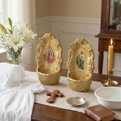 2 Pcs Catholic Decor Gold Porcelain Holy Water Font for Entrance of Home Our Lady of Guadalupe & St. Jude Holy Water Fonts Hanging Decor Gift for First Communion Confirmation Church Wall in Kuwait