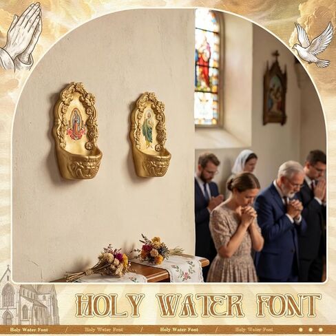 2 Pcs Catholic Decor Gold Porcelain Holy Water Font for Entrance of Home Our Lady of Guadalupe & St. Jude Holy Water Fonts Hanging Decor Gift for First Communion Confirmation Church Wall in Kuwait