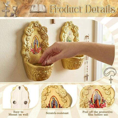 2 Pcs Catholic Decor Gold Porcelain Holy Water Font for Entrance of Home Our Lady of Guadalupe & St. Jude Holy Water Fonts Hanging Decor Gift for First Communion Confirmation Church Wall in Kuwait