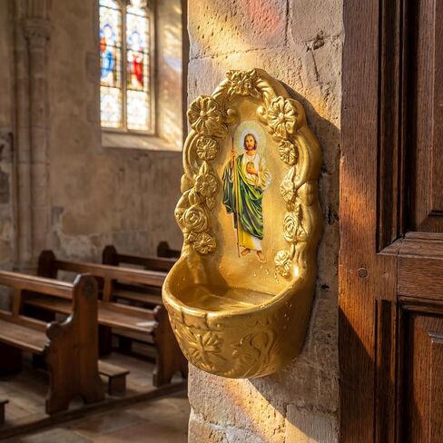 2 Pcs Catholic Decor Gold Porcelain Holy Water Font for Entrance of Home Our Lady of Guadalupe & St. Jude Holy Water Fonts Hanging Decor Gift for First Communion Confirmation Church Wall in Kuwait