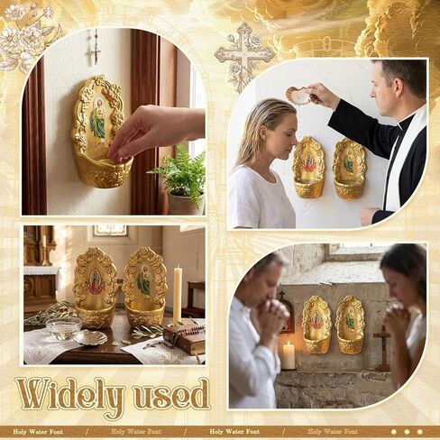 2 Pcs Catholic Decor Gold Porcelain Holy Water Font for Entrance of Home Our Lady of Guadalupe & St. Jude Holy Water Fonts Hanging Decor Gift for First Communion Confirmation Church Wall in Kuwait