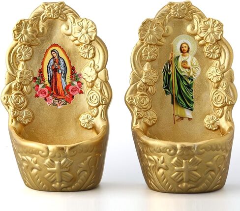 2 Pcs Catholic Decor Gold Porcelain Holy Water Font for Entrance of Home Our Lady of Guadalupe & St. Jude Holy Water Fonts Hanging Decor Gift for First Communion Confirmation Church Wall in Kuwait